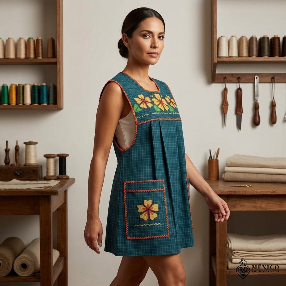 Traditional Mexican Cross-Stitch Embroidered Apron – Deluxe Artisan Smock Style